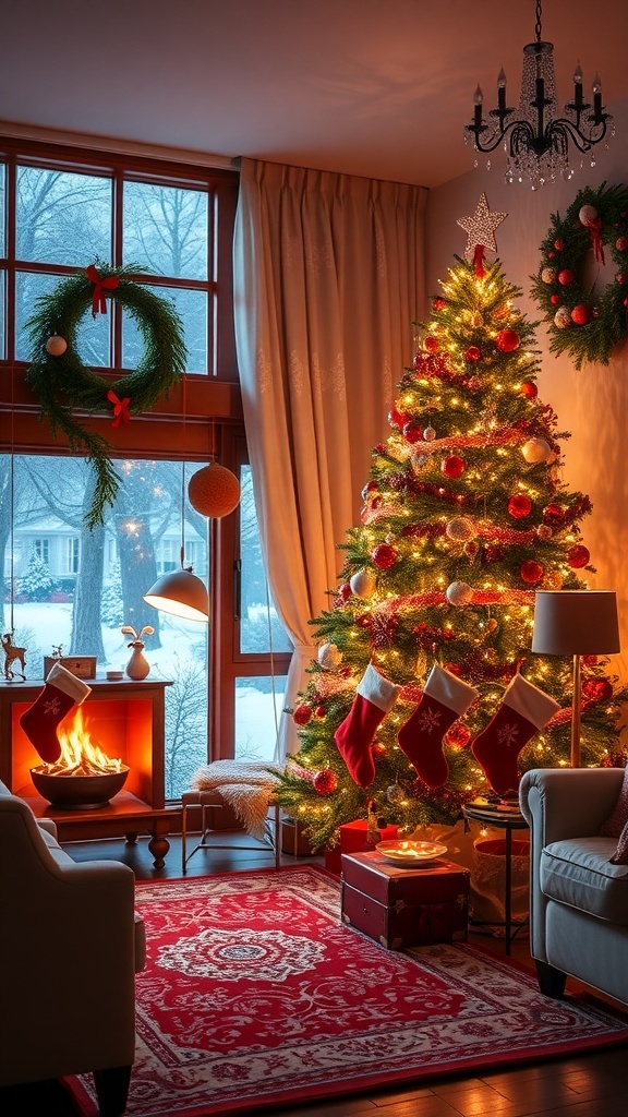 A cozy Christmas living room with a decorated tree, fireplace, and snow outside.